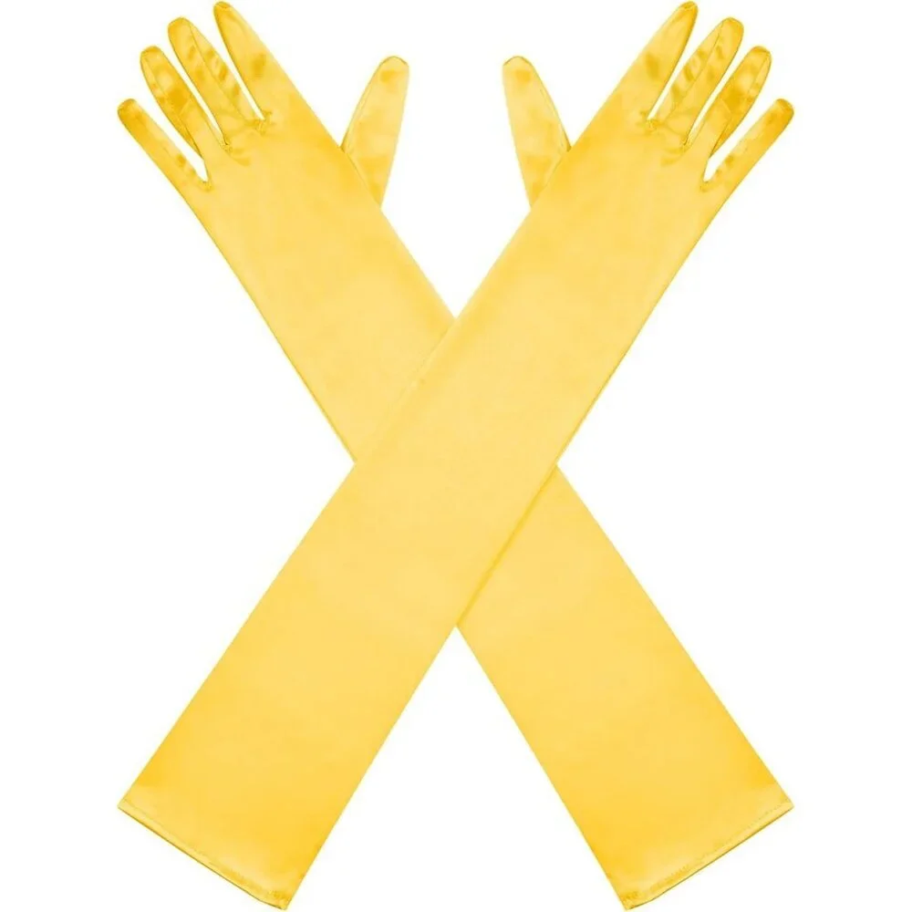 Women's Yellow Long Satin Opera Fabric Gloves Party Tea Stretchy Elbow Length